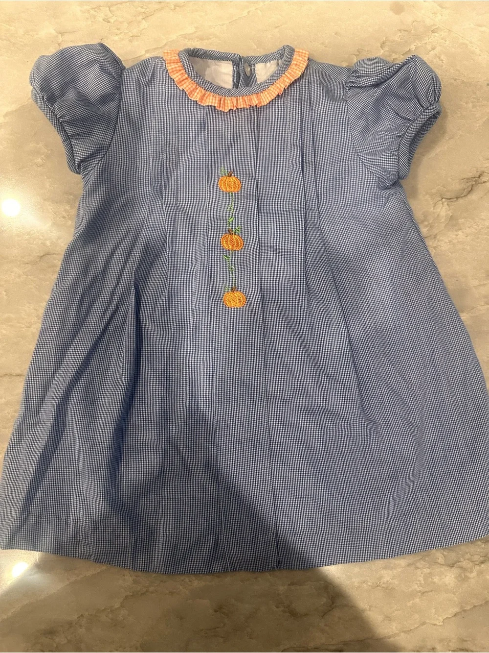 Blue Gingham Pumpkin Embroidered Kids Dress
